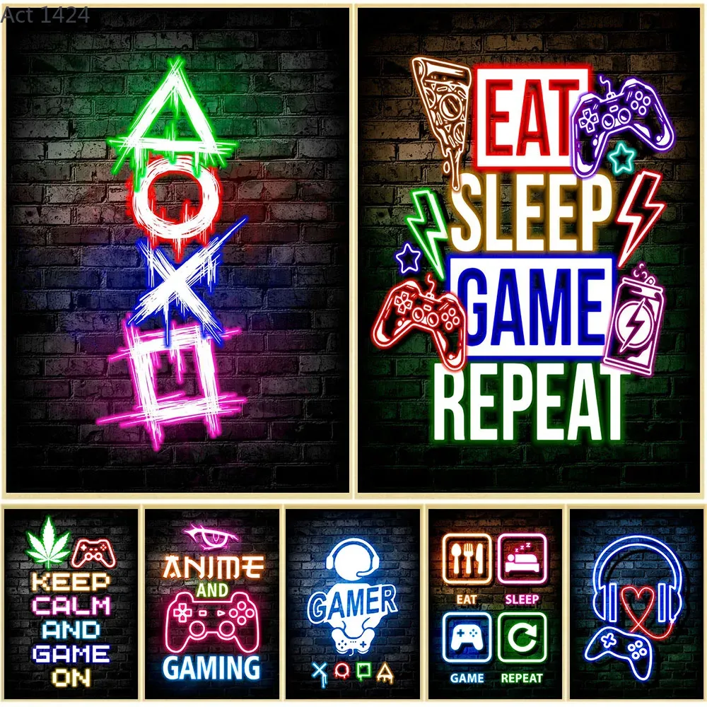 Esports Gaming Poster - Poster Kanvas Gaming Neon Eat Sleep