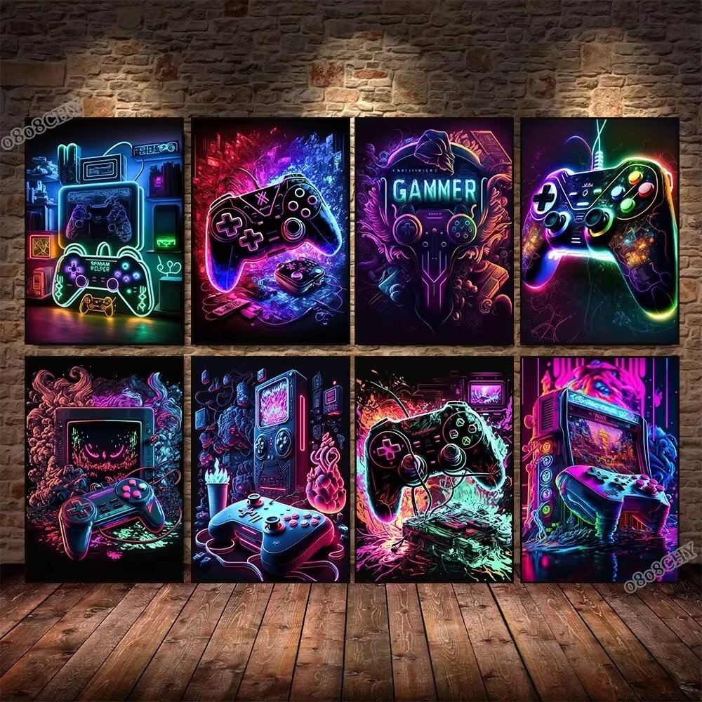 Esports Gaming Poster - Lukisan Kanvas Game Neon Pengendali Game
