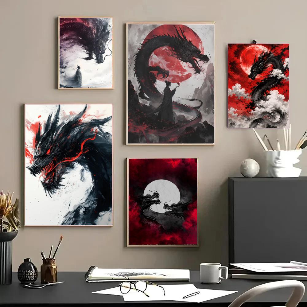 Esports And Gaming Lounge - Poster Naga Hitam Lukisan Stiker Tahan